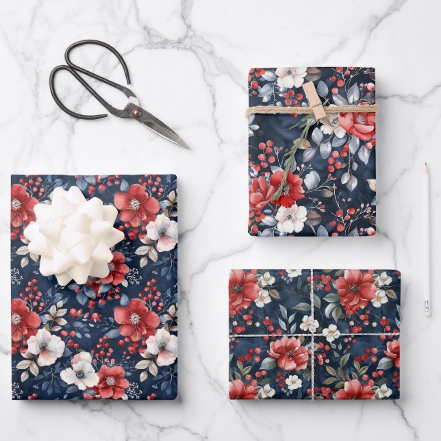 Lush Red and White Floral Pattern on Deep Navy Wrapping Paper Sheet (Front)