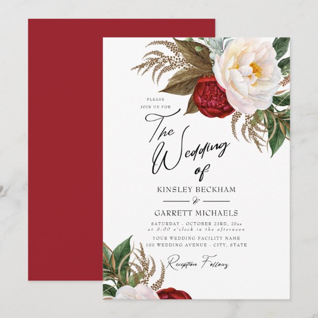 Lush Red & White Watercolor Peonies Wedding Invitation (Front/Back)