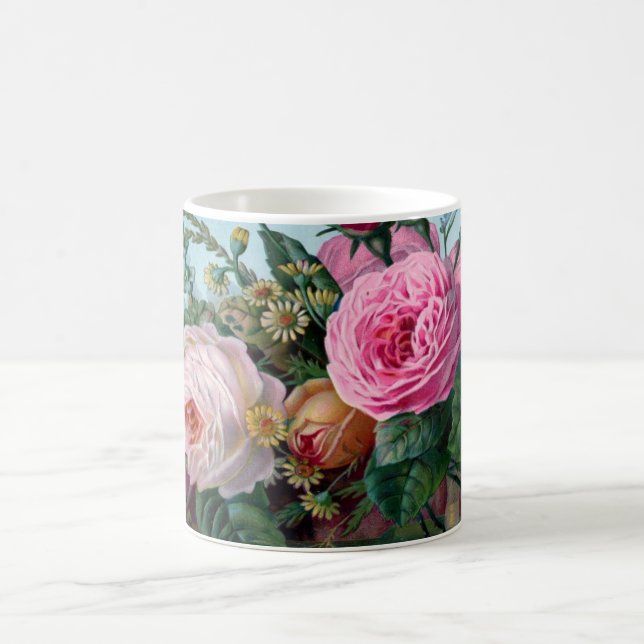 Lush Romantic Pink Roses Botanical Coffee Mug (Center)