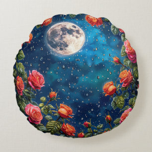 Lush Roses Framing a Full Moon in a Starry Night Round Pillow