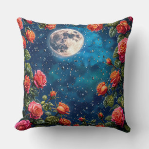 Lush Roses Framing a Full Moon in a Starry Night Throw Pillow