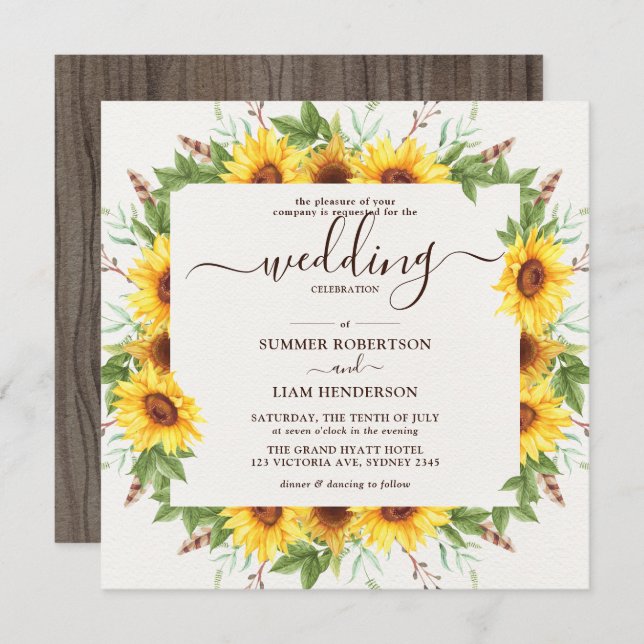Lush Rustic Watercolor Sunflowers Wedding Invitation (Front/Back)