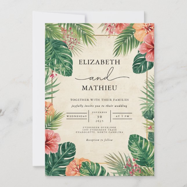 Lush Tropical Flora Wedding Invitation (Front)