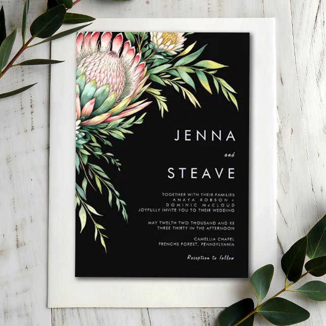 Lush Tropical Floral Laurel Black Wedding Invitation (Creator Uploaded)