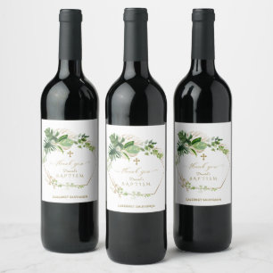 Lush Tropical Foliage Gold Cross Boy Baptism Wine Label