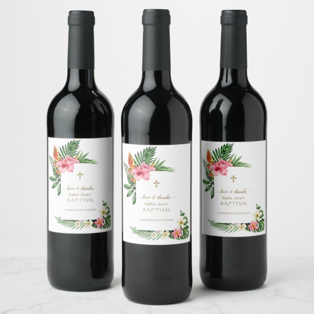 Lush Tropical Garden Flowers Bloom Girl Baptism Wine Label (Bottles)