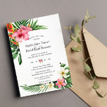 Lush Tropical Garden Flowers Bloom Wedding Invitation<br><div class="desc">Modern and elegant design featuring gorgeous watercolour tropical flowers (hibiscus,  frangipani,  protea,  orchid and greenery),  floral divider; on the back round floral frame,  initials. Use Personalize tool to add your info,  make changes. For matching items,  please,  visit my Tropical Flowers Bloom Collection.</div>