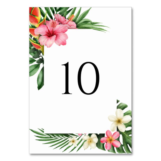 Lush Tropical Garden Flowers Wedding Table Number (Front)