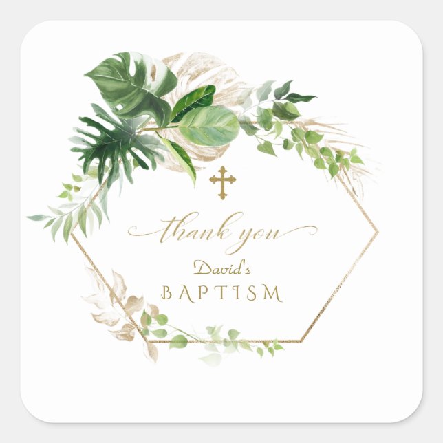 Lush Tropical Gold Leaves Gold Cross Baptism Square Sticker (Front)