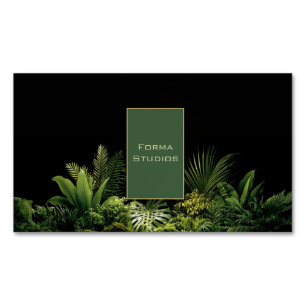 Lush Tropical Greenery Black Gold Frame Botanical Magnetic Business Card