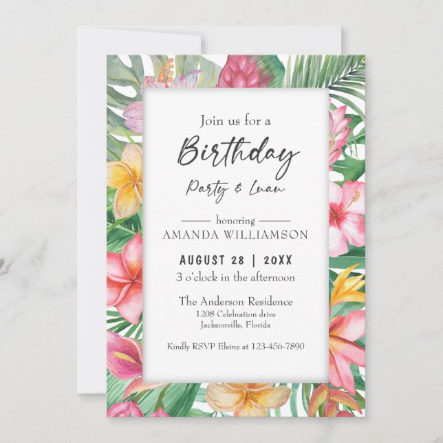 Lush Tropical Greenery Floral Birthday Party Luau Invitation (Front)