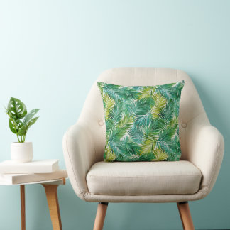 Lush Tropical Island Green Palm Leaf Watercolor Throw Pillow