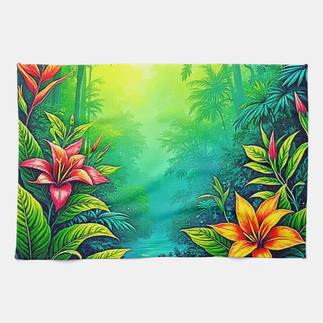 Lush Tropical Jungle Oasis Design Kitchen Towel (Horizontal)