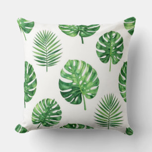 Lush Tropical Monstera and Palm Leaf Seamless Wate Throw Pillow