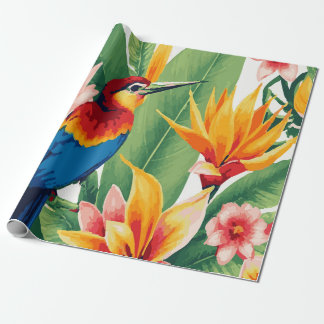Lush Tropical Plants with Exotic Bird Pattern Wrapping Paper