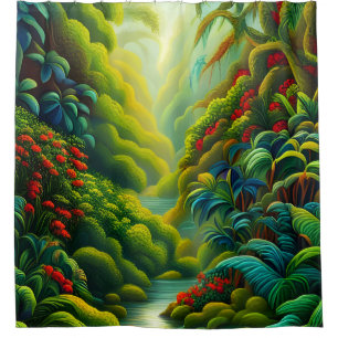 Lush Tropical Rainforest with Flowers and Stream