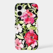 Lush tropical red pink floral flowers leaves