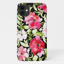 Lush tropical red pink floral flowers leaves