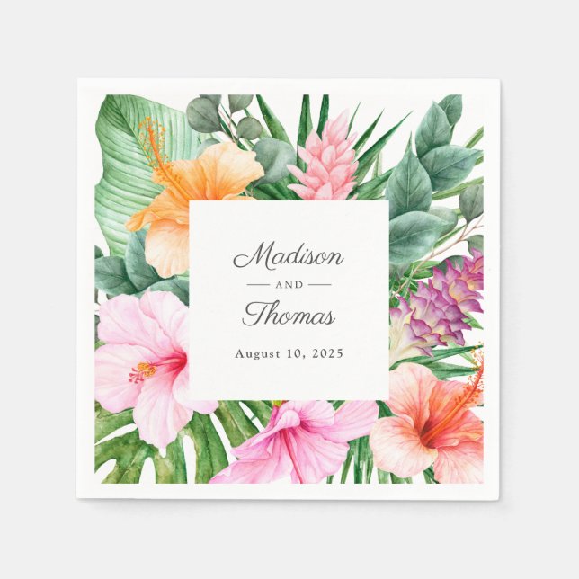 Lush Tropical Watercolor Floral Wedding Napkin (Front)