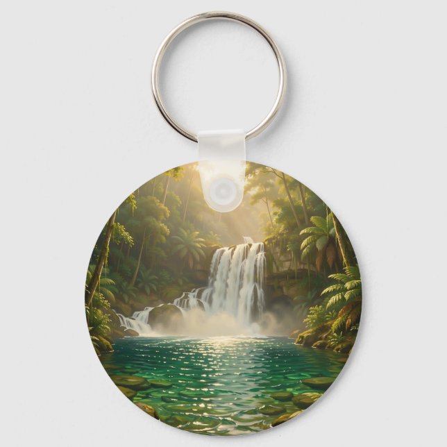 Lush Tropical Waterfall Jungle Paradise Keychain (Front)