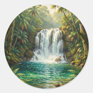 Lush Tropical Waterfall Oasis Classic Round Sticker