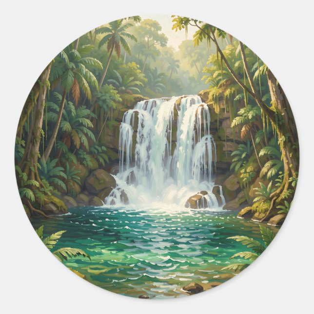Lush Tropical Waterfall Oasis Classic Round Sticker (Front)