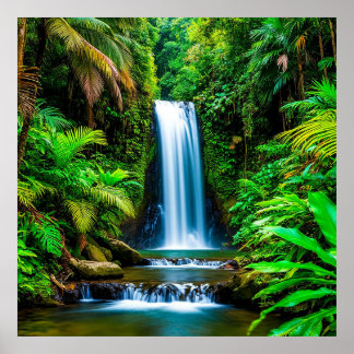 Lush Tropical Waterfall Surrounded by Greenery Poster