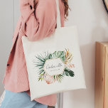 Lush Tropics Bridesmaid Bachelorette Tote Bag<br><div class="desc">The Lush Tropics Collection, a beautiful and modern collection that features hand-painted tropical greenery, including watercolor monstera and palm leaves. The colour palette is absolutely stunning, with lush greens, delicate blush, and elegant gold that creates a perfect tropical summer vibe. Each element is delicately painted with watercolors, adding a beautiful...</div>