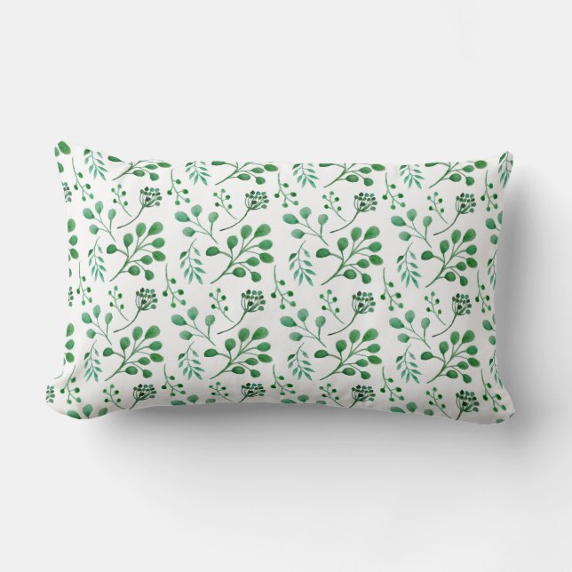 Lush Watercolor Greenery Pattern Lumbar Pillow (Front)