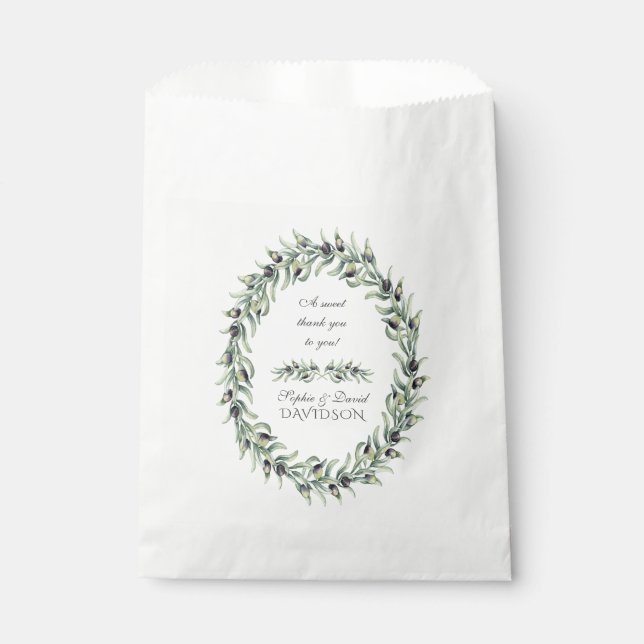 Lush Watercolour Olive Branches Wreath Wedding Favour Bag (Front)