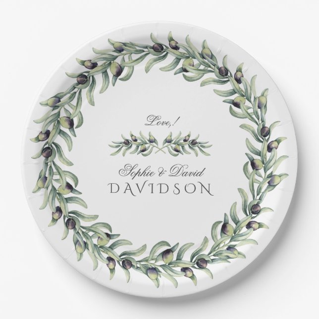 Lush Watercolour Olive Branches Wreath Wedding Paper Plate (Front)
