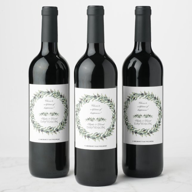 Lush Watercolour Olive Branches Wreath Wedding Wine Label (Bottles)