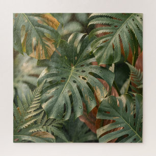 Lush Wet Monstera Leaves Ferns Tropical Jungle Jigsaw Puzzle