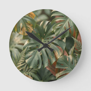 Lush Wet Monstera Leaves Ferns Tropical Jungle Round Clock