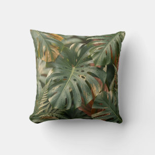 Lush Wet Monstera Leaves Ferns Tropical Jungle  Throw Pillow