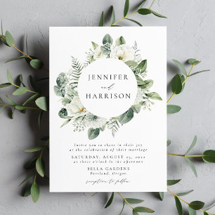 Lush White Flowers and Greenery Wreath Wedding Invitation