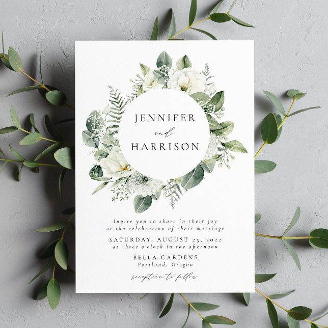 Lush White Flowers and Greenery Wreath Wedding Invitation (Creator Uploaded)