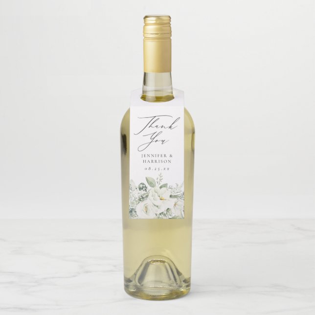 Lush White Flowers & Greenery Personalized Wedding Bottle Tag (On Bottle)