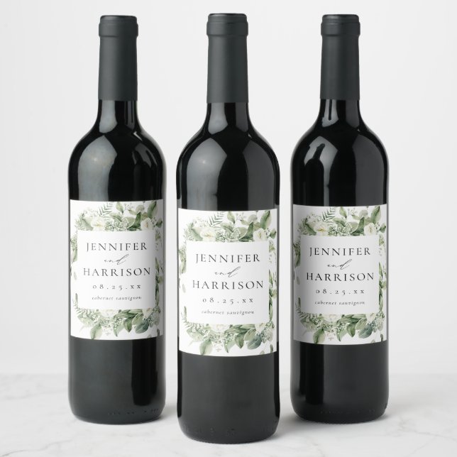 Lush White Flowers & Greenery Personalized Wedding Wine Label (Bottles)