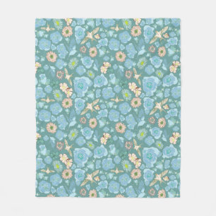 Lush Winter Floral and Birds Blue, Teal and Cream Fleece Blanket