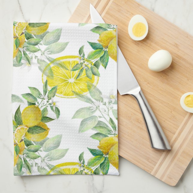 Lush Yellow Lemon and Green Leaves Pattern Kitchen Towel (Quarter Fold)