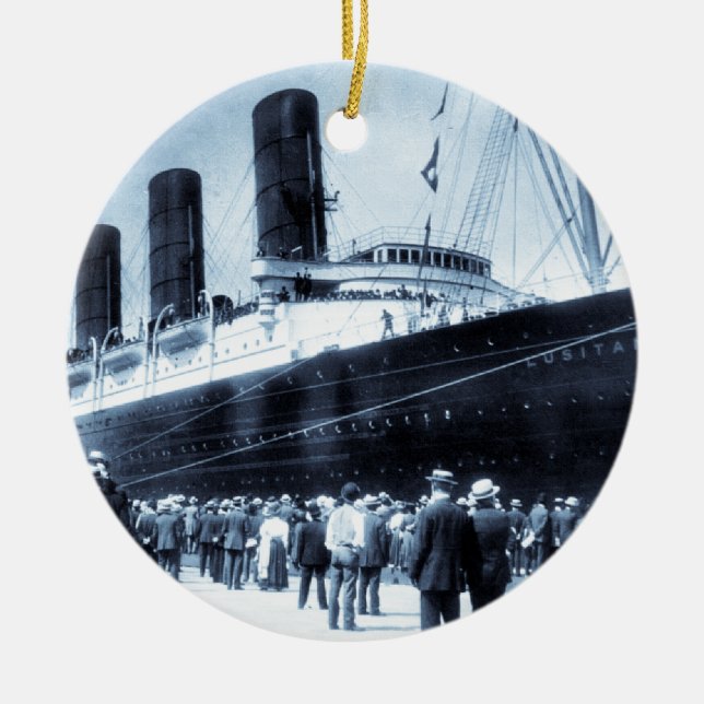 Lusitania Docked in New York City Blue Tone Ceramic Ornament (Front)