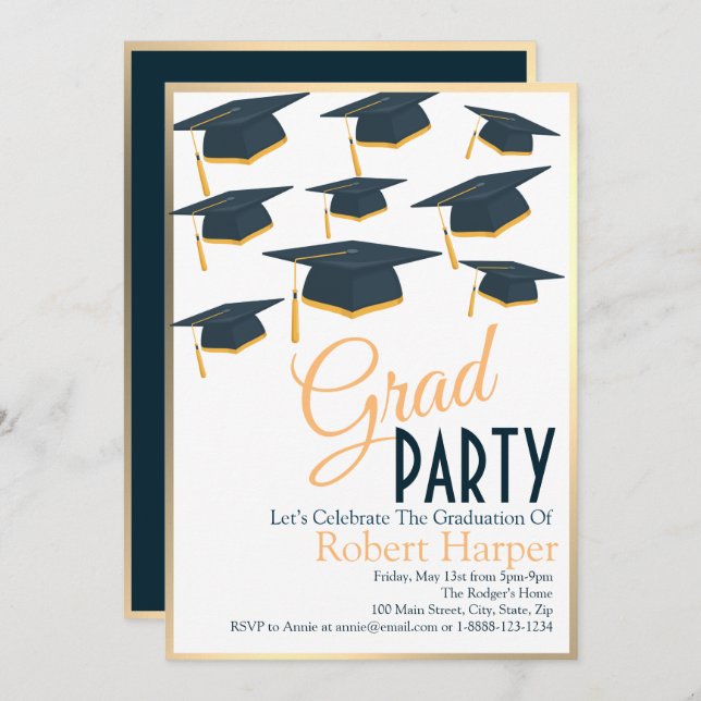 Lustrous Navy & Gold  Hats Graduation Invitation (Front/Back)