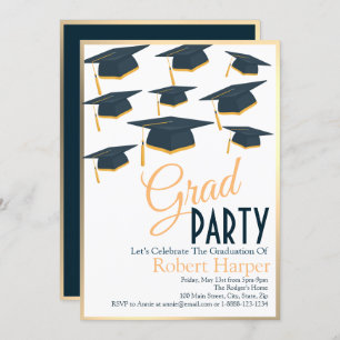 Lustrous Navy & Gold  Hats Graduation Invitation