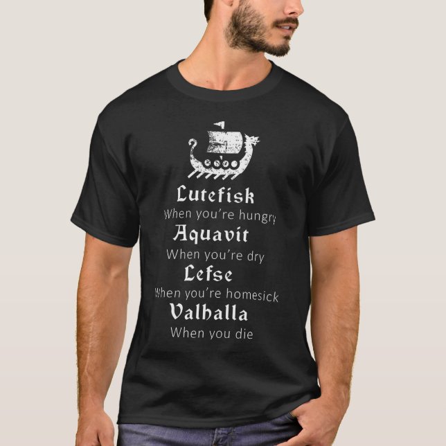 Lutefisk Aquavit Lefse Valhalla Viking T-Shirt (Front)