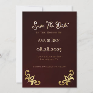 Lux Burgundy Gold Flourish Save The Date Cards