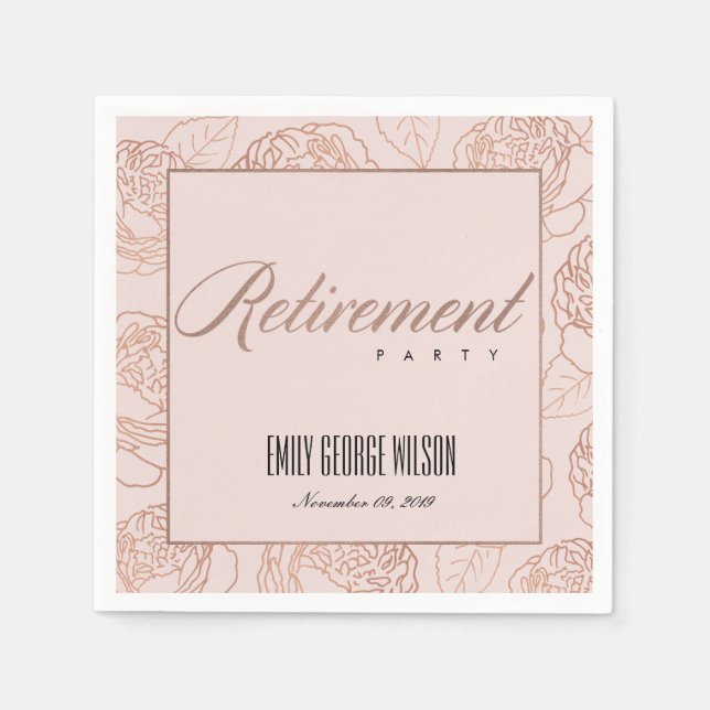 LUX ELEGANT BLUSH PINK ROSE GOLD FLORAL RETIREMENT NAPKIN (Front)
