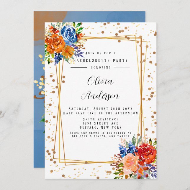 Lux Glitter Blue Orange Floral Bachelorette Party Invitation (Front/Back)