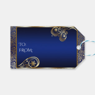 Lux Gold and Blue Snowflake Scrolls Gift Tags