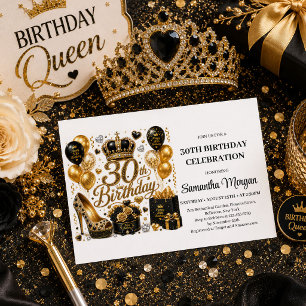 Lux Gold Black Glitter Thirty Birthday Party Invit Invitation